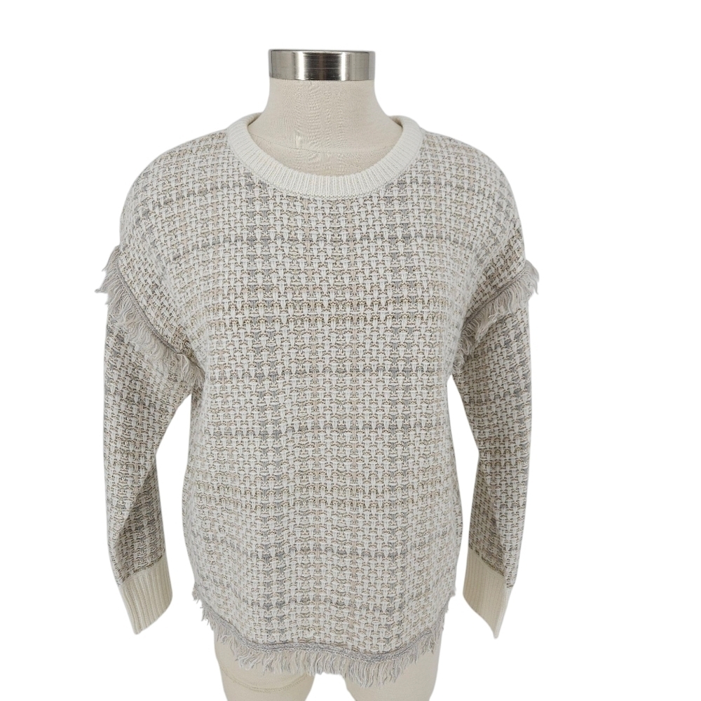 DKNY Sweater Ivory Metallic Long Sleeve Fringe Knit Pullover Small